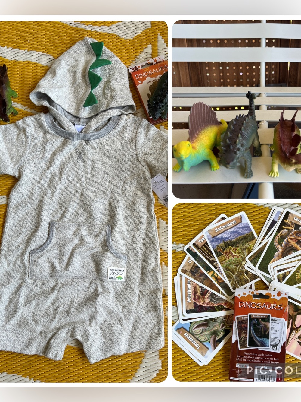 Carter’s Gray Hooded Dinosaur Romper Green Spike Detail,toys,&flash card bundle